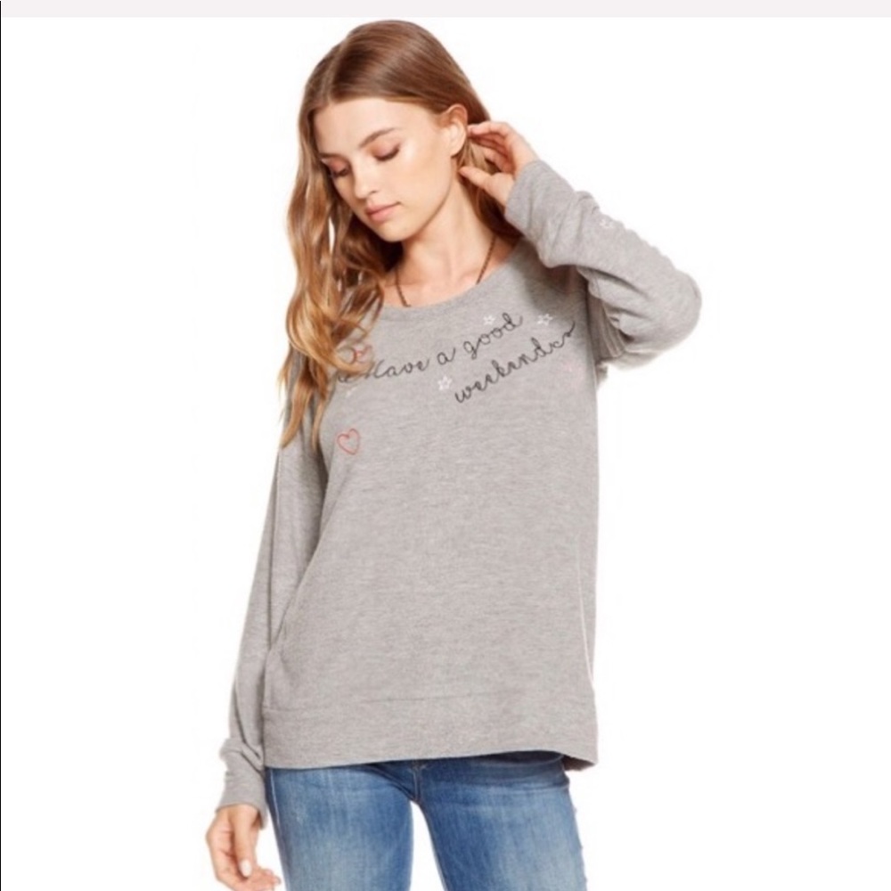 new Chaser ✰ Have a Good Weekend Embroidered Sweater Sweatshirt Pullover ✰ Gray - Picture 10 of 13